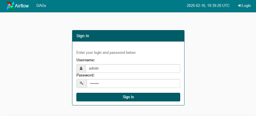 Apache Airflow 1.10 Login Screen